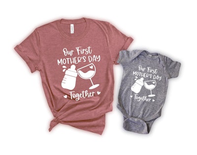 This shirt reads "Our First Mother's Day Together" and is a cute Mother's Day baby announcement idea...
