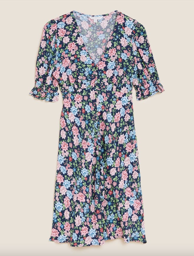 Floral V-Neck Knee Length Tea Dress
