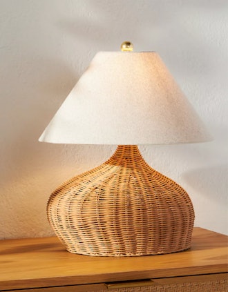 Anthropologie Rattan Lamp with woven base and linen shade
