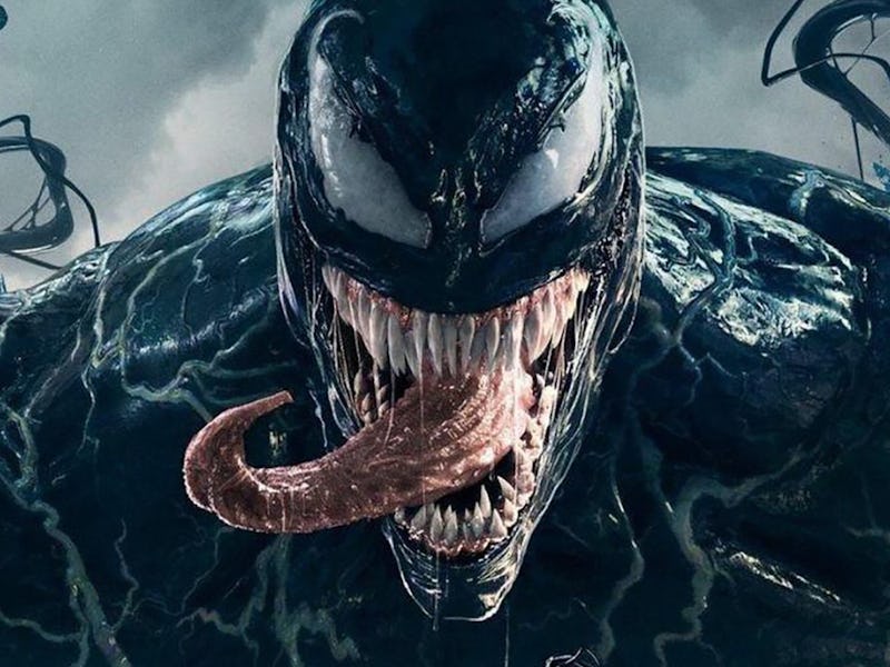 A screenshot from the movie Venom, featuring the main character Eddie Brock as Venom