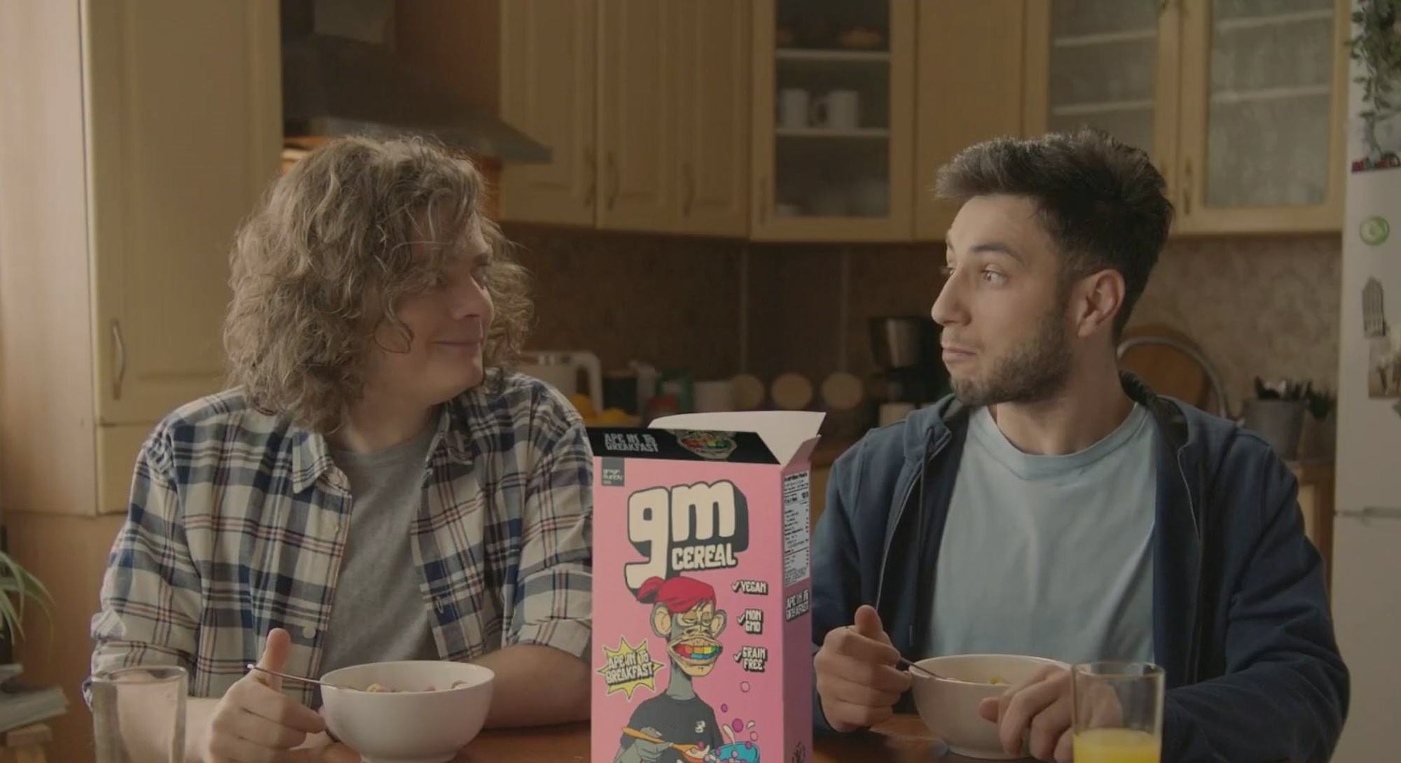 Still of Bored Ape gm cereal ad