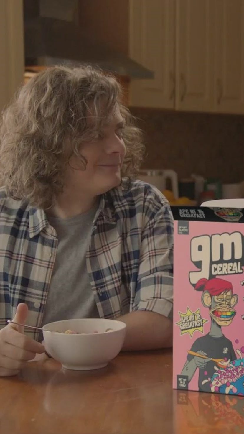 Still of Bored Ape gm cereal ad