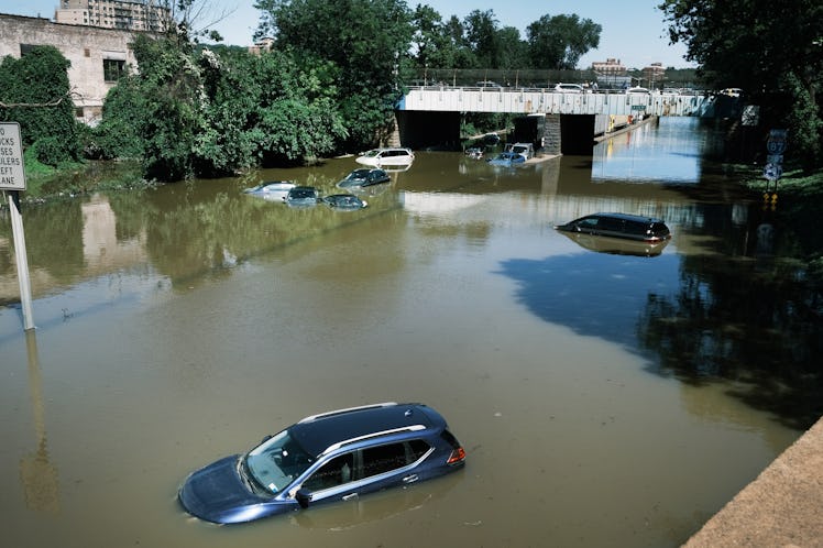 Abandoned cars lying in floodwaters on an expressway in Bronx