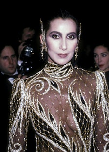 Cher wearing dramatic makeup at the 1985 Met Gala