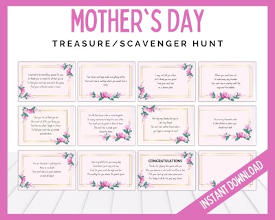 This printable Mother's Day scavenger hunt includes 10 clues that lead to mom's gift.