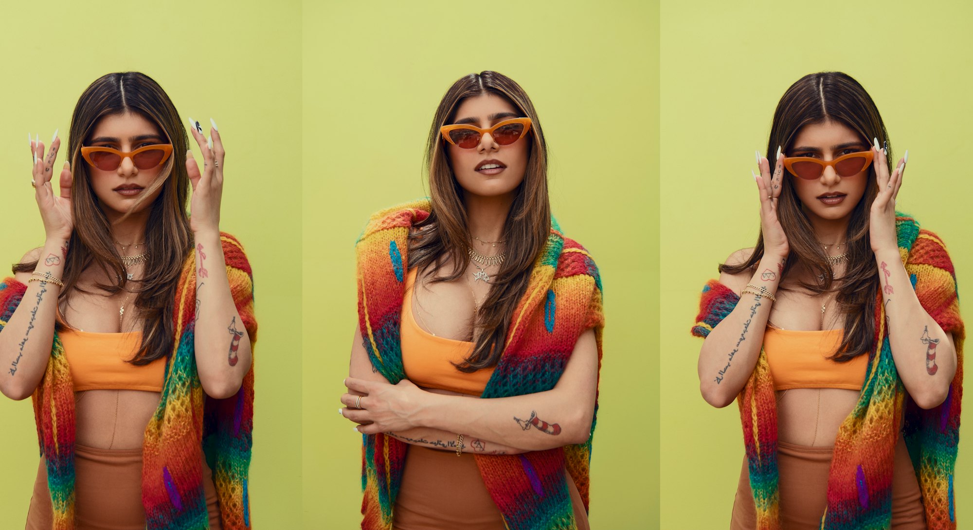 Mia Khalifa in a red, yellow, green and blue colorful 100% woolen waistcoat