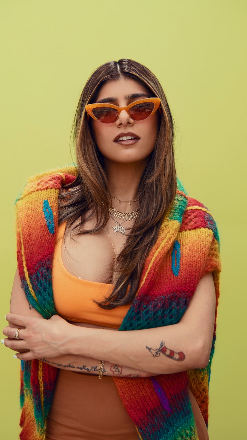 Mia Khalifa in a red, yellow, green and blue colorful 100% woolen waistcoat