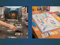 A collage picture of group of people playing board game at dinning table and on the right is Ticket ...