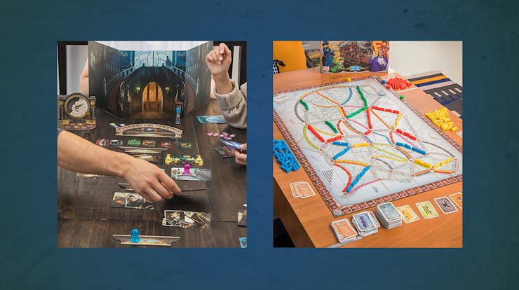 A collage picture of group of people playing board game at dinning table and on the right is Ticket ...
