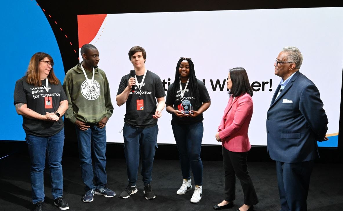 Samsung's Solve for Tomorrow contest winners take the stage at Samsung's flagship store New York Cit...