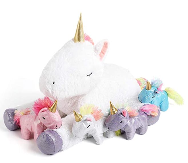 A white unicorn plush mom with her four colorful unicorn plush babies is a fun Mother's Day scavenge...