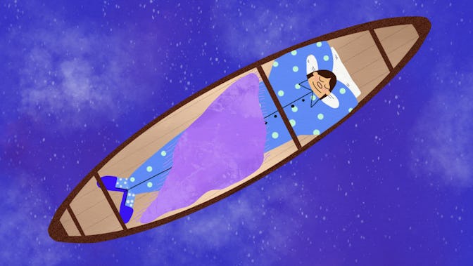 An illustration of a person sleeping on their back on a boat while floating on water
