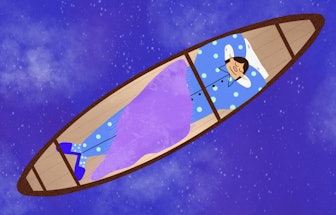 An illustration of a person sleeping on their back on a boat while floating on water