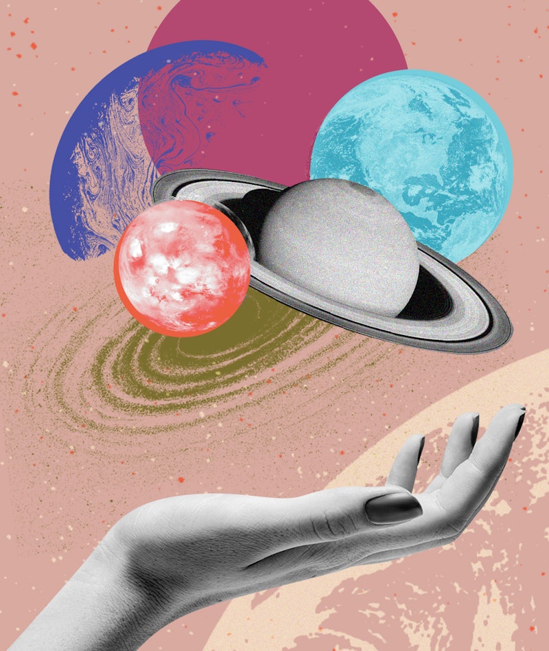 A collage of planets in a woman's hand. All the astrological events happening in May 2022.