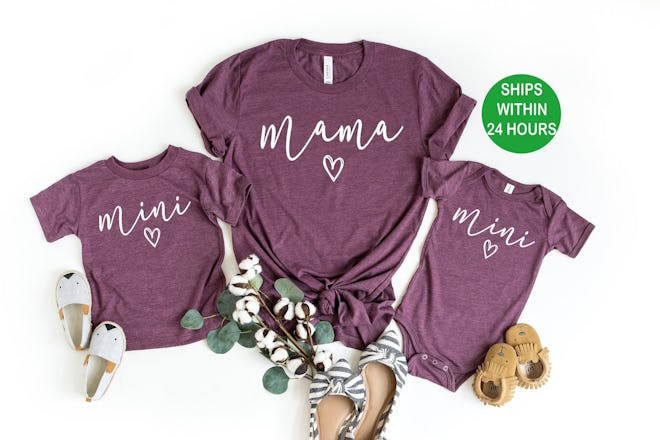 These matching shirts that say "Mama" and "Mini" are available in various colors and sizes, perfect ...
