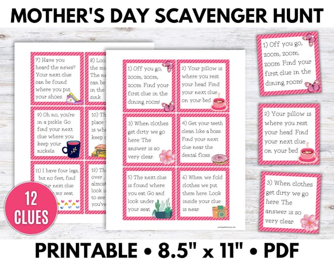 Print these 12 clue cards with riddles to have a fun Mother's Day scavenger hunt with kids.