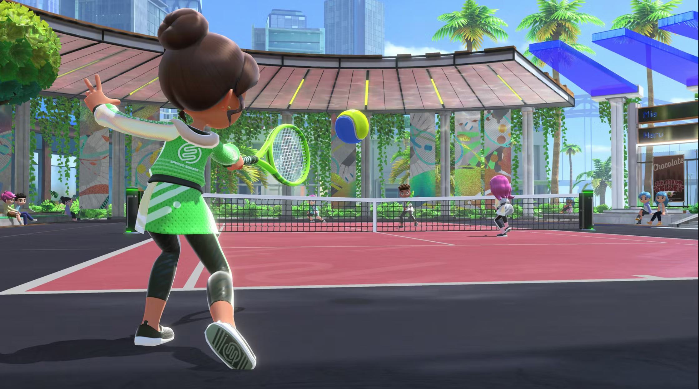 A screenshot of a sportsmate from Nintendo Switch Sports plays tennis.