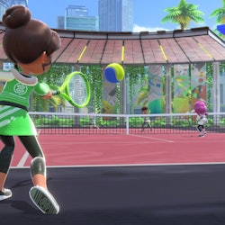 A screenshot of a sportsmate from Nintendo Switch Sports plays tennis.