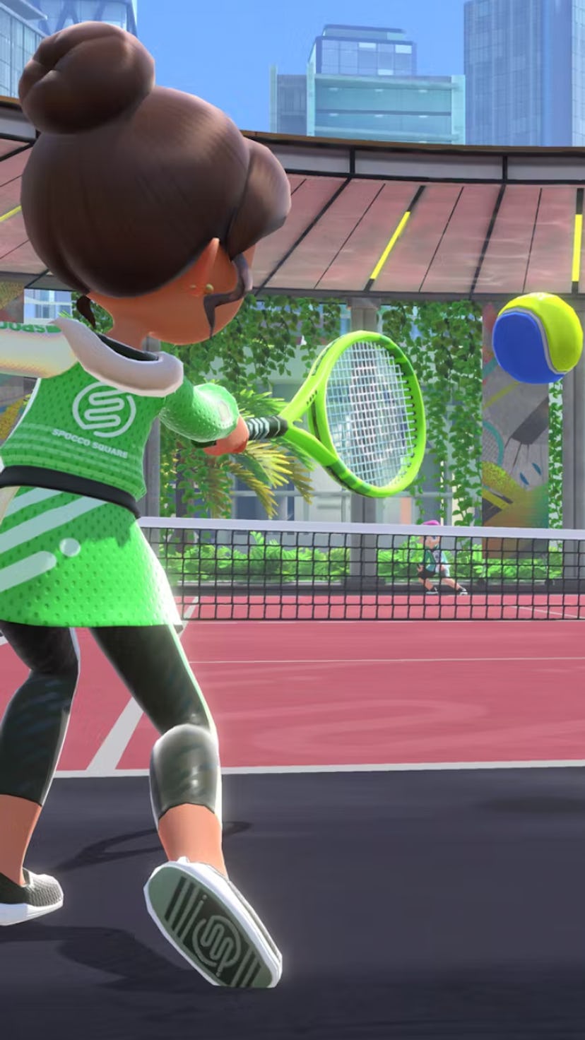 A screenshot of a sportsmate from Nintendo Switch Sports plays tennis.