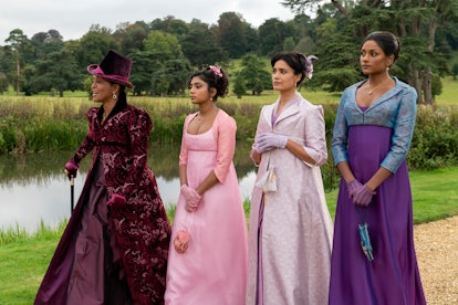 Cast of "Bridgerton" in lilac.
