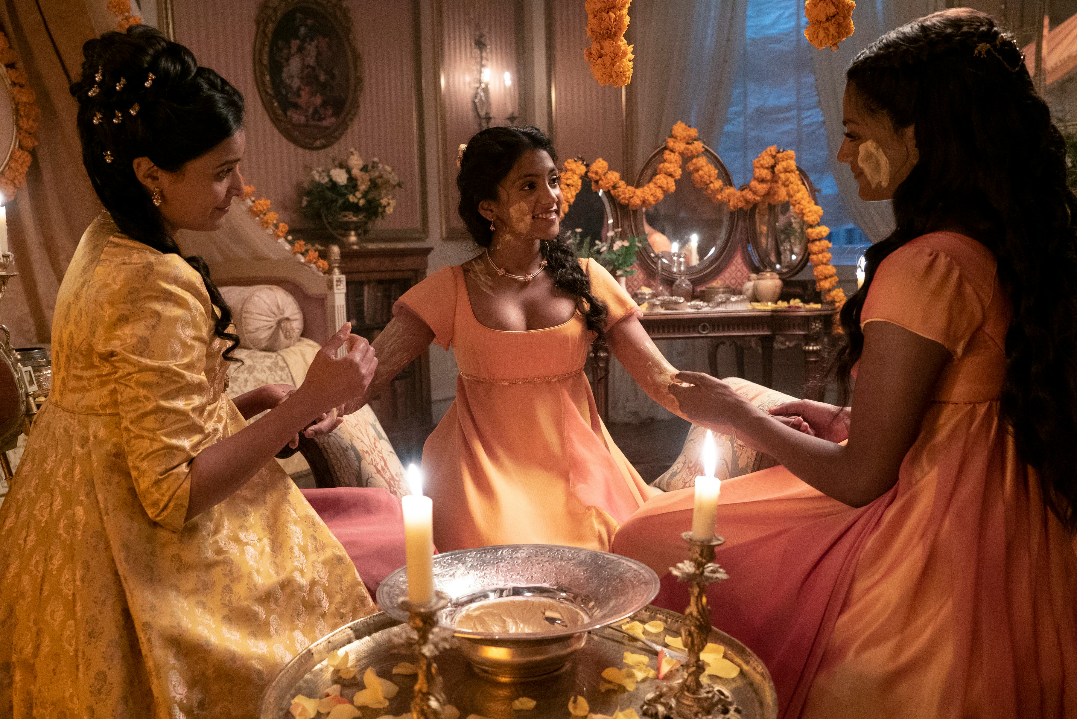 Shelley Conn, Charithra Chandran, and Simone Ashley of &lsquo;Bridgerton&rsquo;