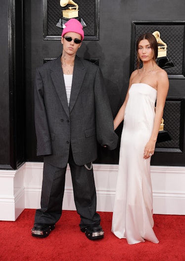 Justin Bieber and Hailey Bieber attend the 64th Annual GRAMMY Awards at MGM Grand Garden Arena on Ap...