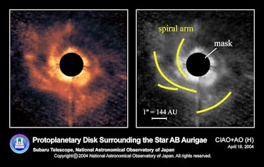 two images, one annotated, of the debris disk around AB aurigae
