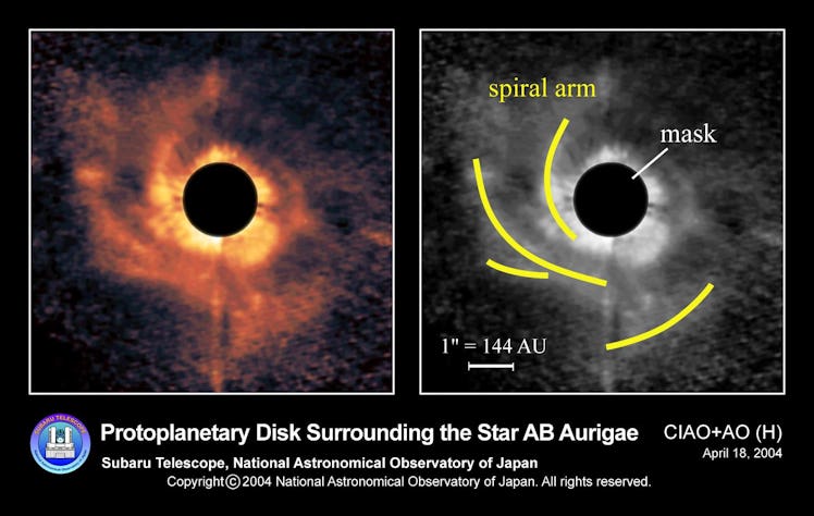 two images, one annotated, of the debris disk around AB aurigae