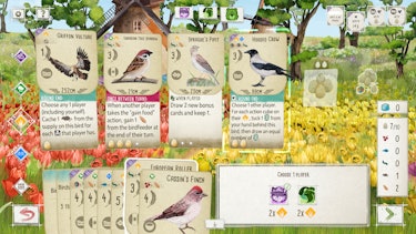 A look at the Wingspan online game, showing a player's hand with several cards
