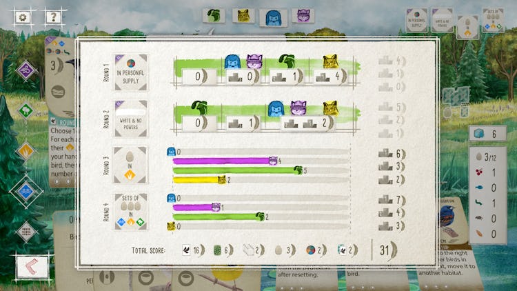 A screenshot from the Wingspan online game