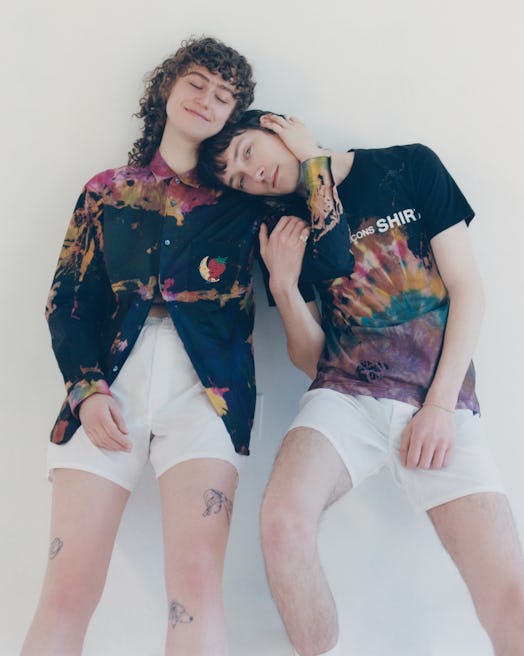 Ella Emhoff and Sam Hines in tie dye t-shirts and button down from Comme des Garçons x Sky High Farm...