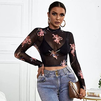 SweatyRocks Long Sleeve Mesh Crop Top