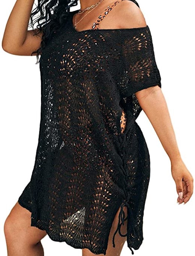 Romwe Crochet Short Sleeve Bathing Suit Cover Up