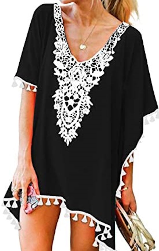 POKRTWSO Crochet Chiffon Tassel Cover Up
