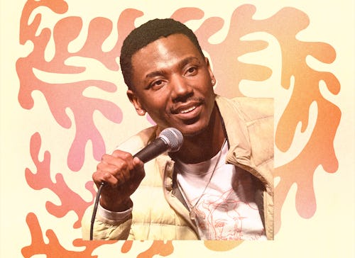 Jerrod Charmichael speaking into a microphone with a yellow and orange background