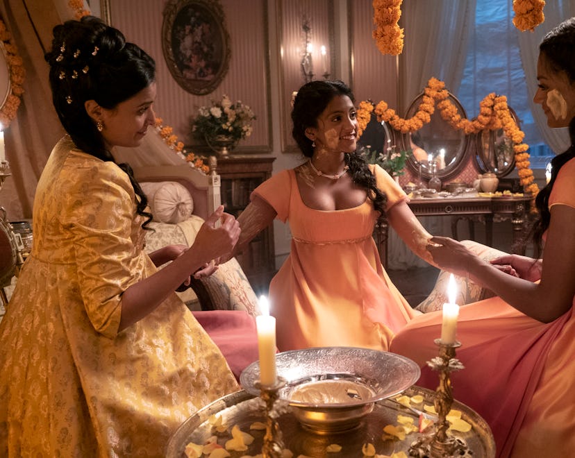 Bridgerton. (L to R) Shelley Conn as Mary Sharma, Charithra Chandran as Edwina Sharma, Simone Ashley...