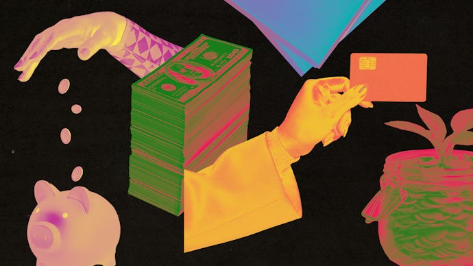 Collage of one hand throwing coins, another holding a credit card, piggy bank, notebook and a plant ...