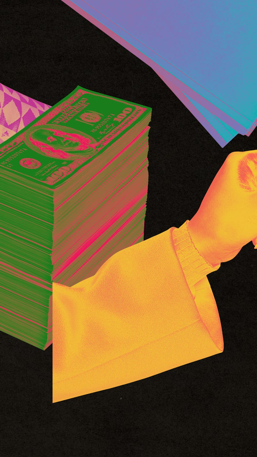 Collage of one hand throwing coins, another holding a credit card, piggy bank, notebook and a plant ...