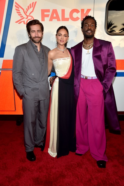 Jake Gyllenhaal, Eiza Gonzalez and Yahya Abdul-Mateen II attend the Los Angeles premiere of 'Ambulan...