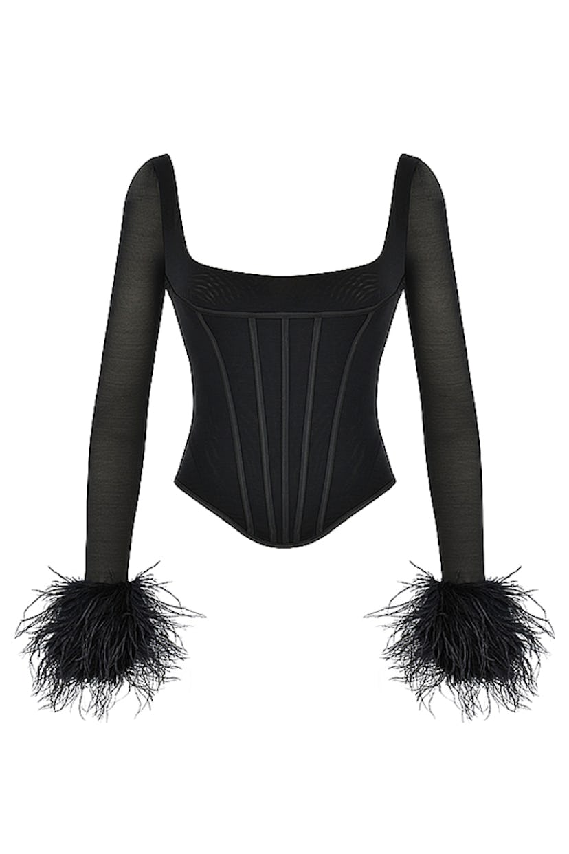 Stella Black Mesh Feather Trimmed Corset