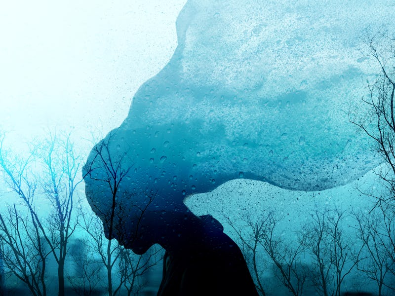 Graphic illustration of depression against rainy backdrop