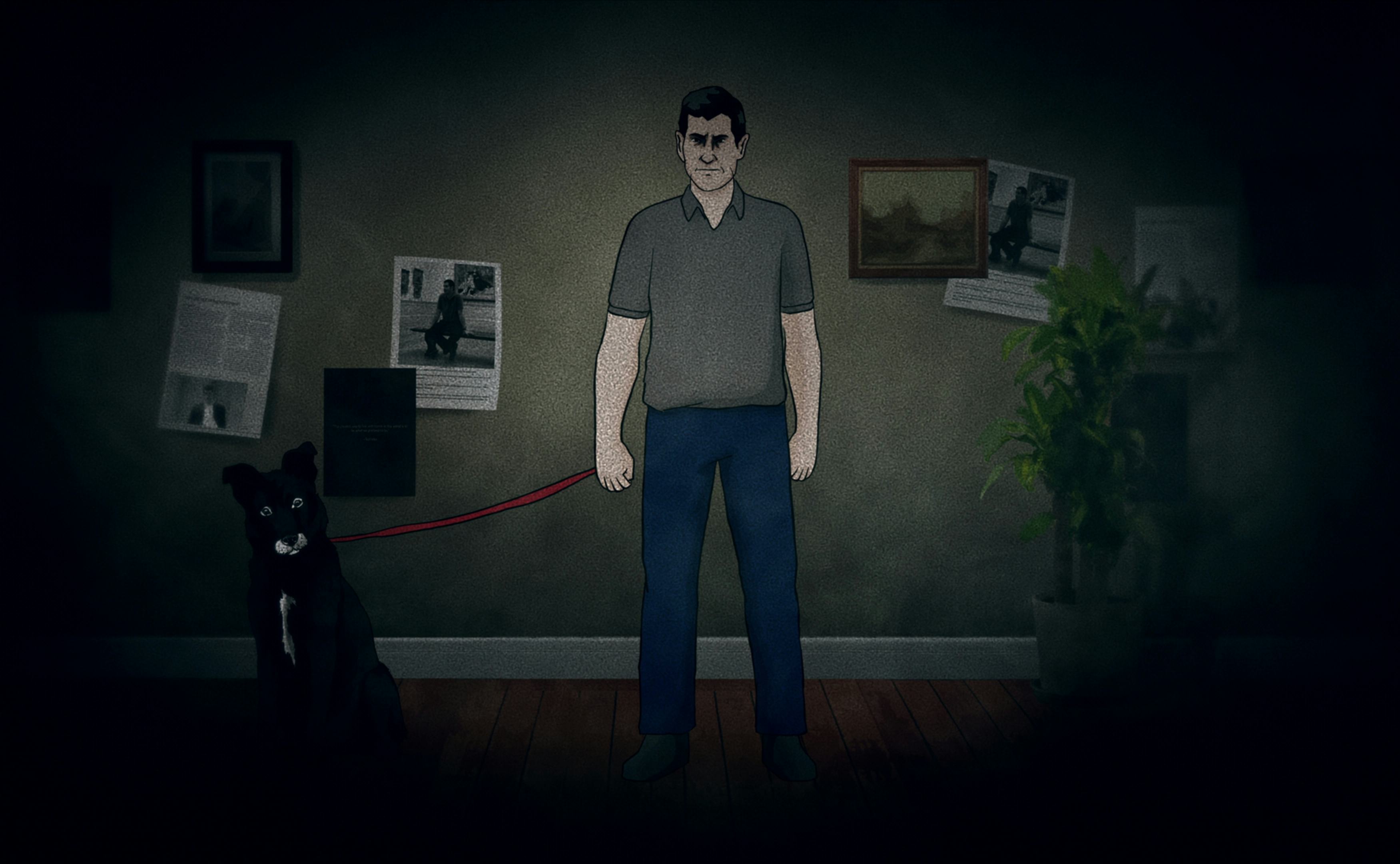 Cartoon image of a scary-looking man with a dog.