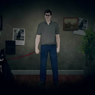 Cartoon image of a scary-looking man with a dog.