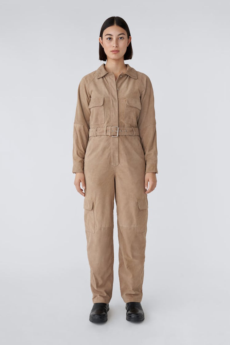 This beige suede jumpsuit from Deadwood is sustainably made from recycled deadstock leather.