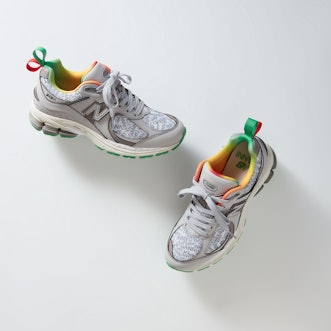 Ganni And New Balance collaboration On A Y2K Sneaker in gray and green from the top