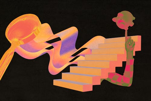 Black background with golden elements on it, little stairs, a hand holding a piggy bank and a magnif...