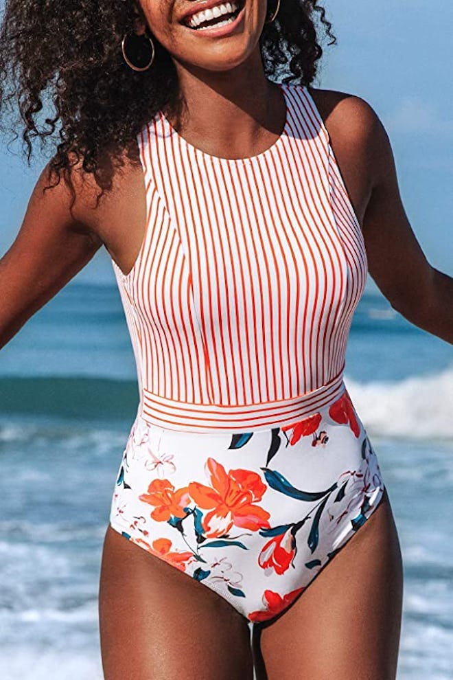 CUPSHE Striped Leafy One Piece Swimsuit