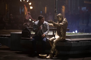 Oscar Isaac as Steven Grant and Shaun Scott as Crawley in Moon Knight Episode 1