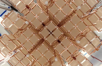 Neutrino detector bottom view showing a series of gold-colored cubes