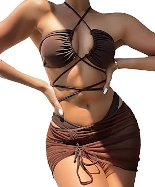 MakeMeChic Halter Bikini and Beach Skirt (3-Piece Set)